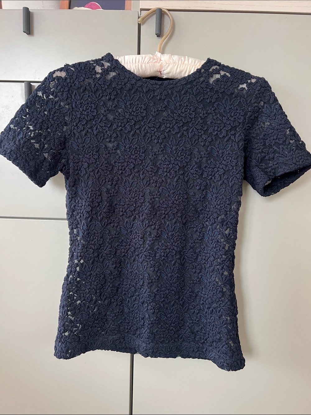 Vintage Navy blue textured sheer lace mesh short sleeve dark romance goth fit s